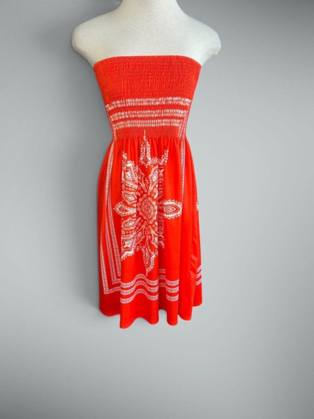 Orange and White Strapless Boho Summer Dress Floral Beach Cover Up